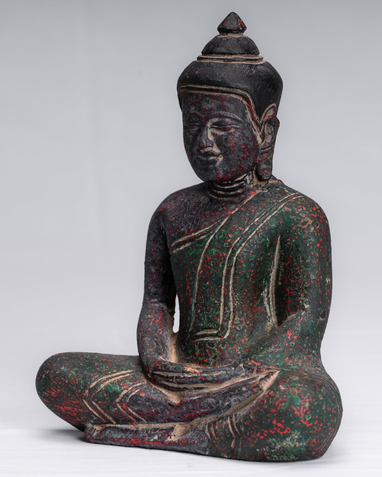 Buddha Sculpture - Antique Khmer Style Wood Seated Buddha Statue Dhyana Meditation Mudra - 20cm/8"