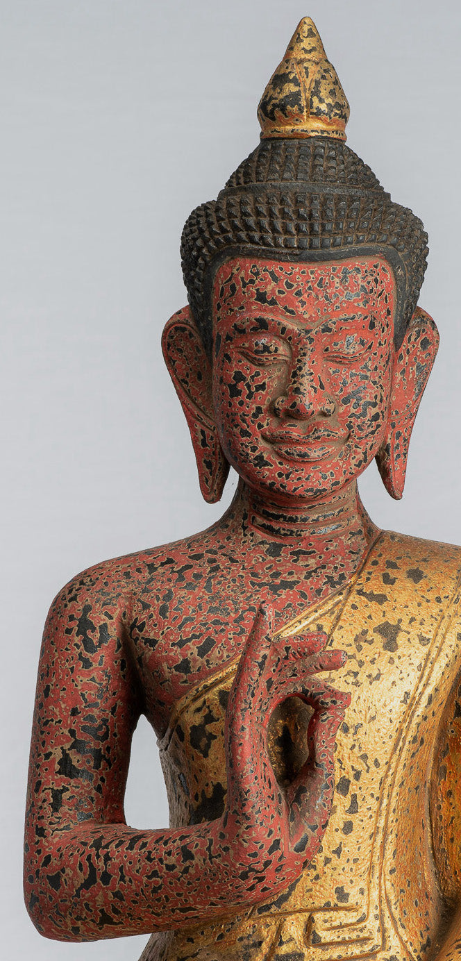 Statue de Bouddha - style khmer ancien Cambodge Impression de main d'enseignement de bouddha assis en bois - 53cm / 21 "