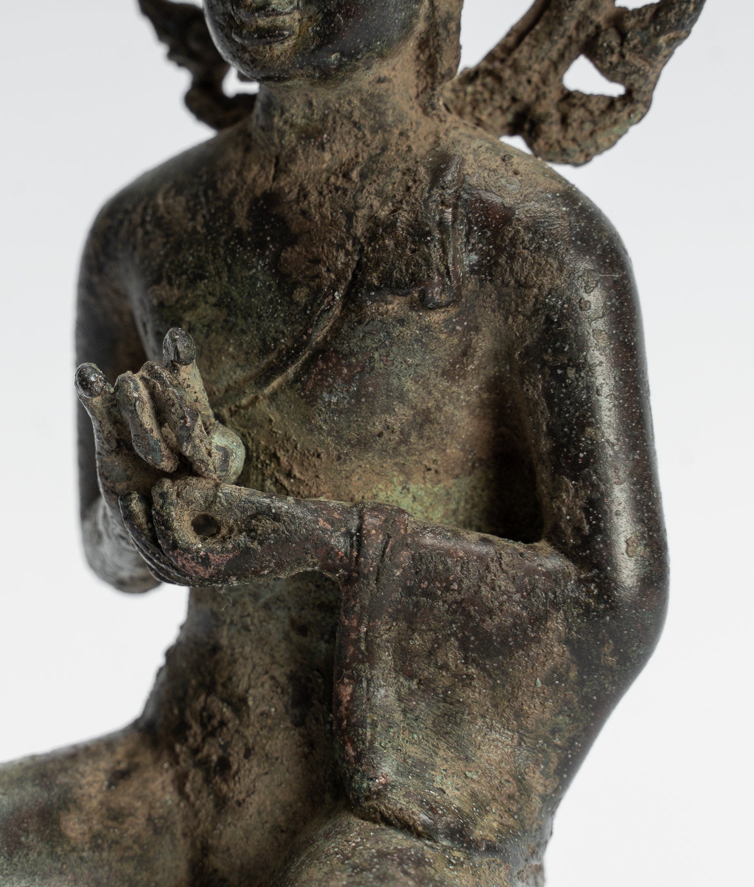 Statua di Buddha - Antique in stile indonesiano seduto in bronzo giavanese predica Buddha - 18 cm/7 "