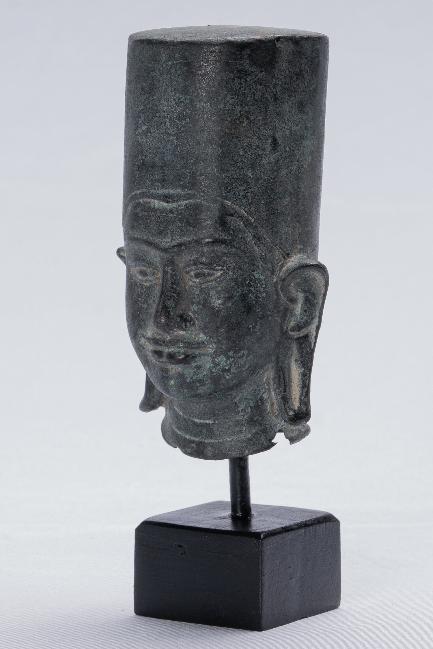 Statue Vishnu - Antique Phnom Da Style Monted Bronze Khmer Vishnu Head - 19cm/8 "