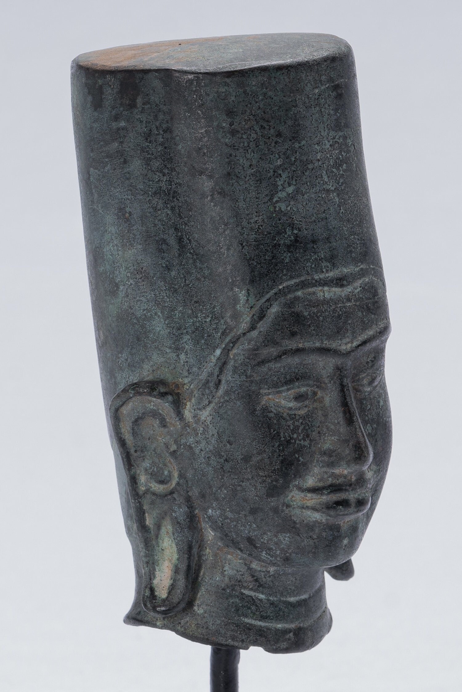 Statue Vishnu - Antique Phnom Da Style Monted Bronze Khmer Vishnu Head - 19cm/8 "