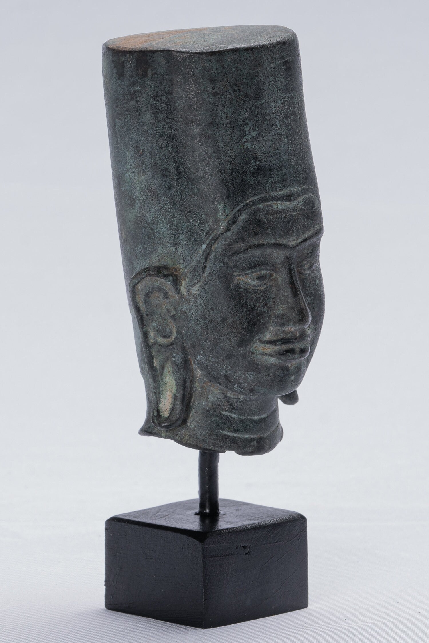 Statue Vishnu - Antique Phnom Da Style Monted Bronze Khmer Vishnu Head - 19cm/8 "