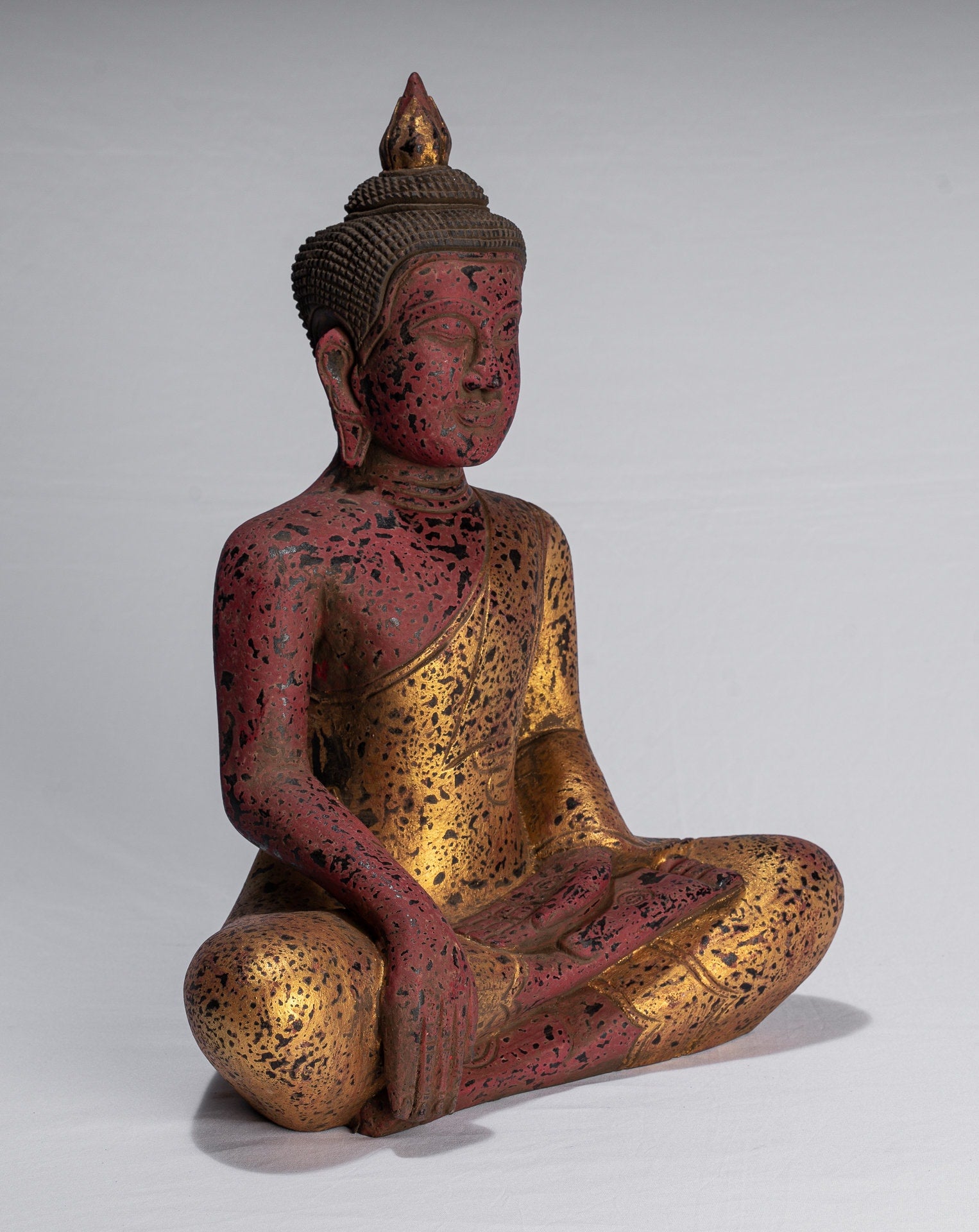 Bouddha Statue-Antique Khmer Style SE Asia Seated Wood Enlightenment Buddha Statue-43cm/17 "