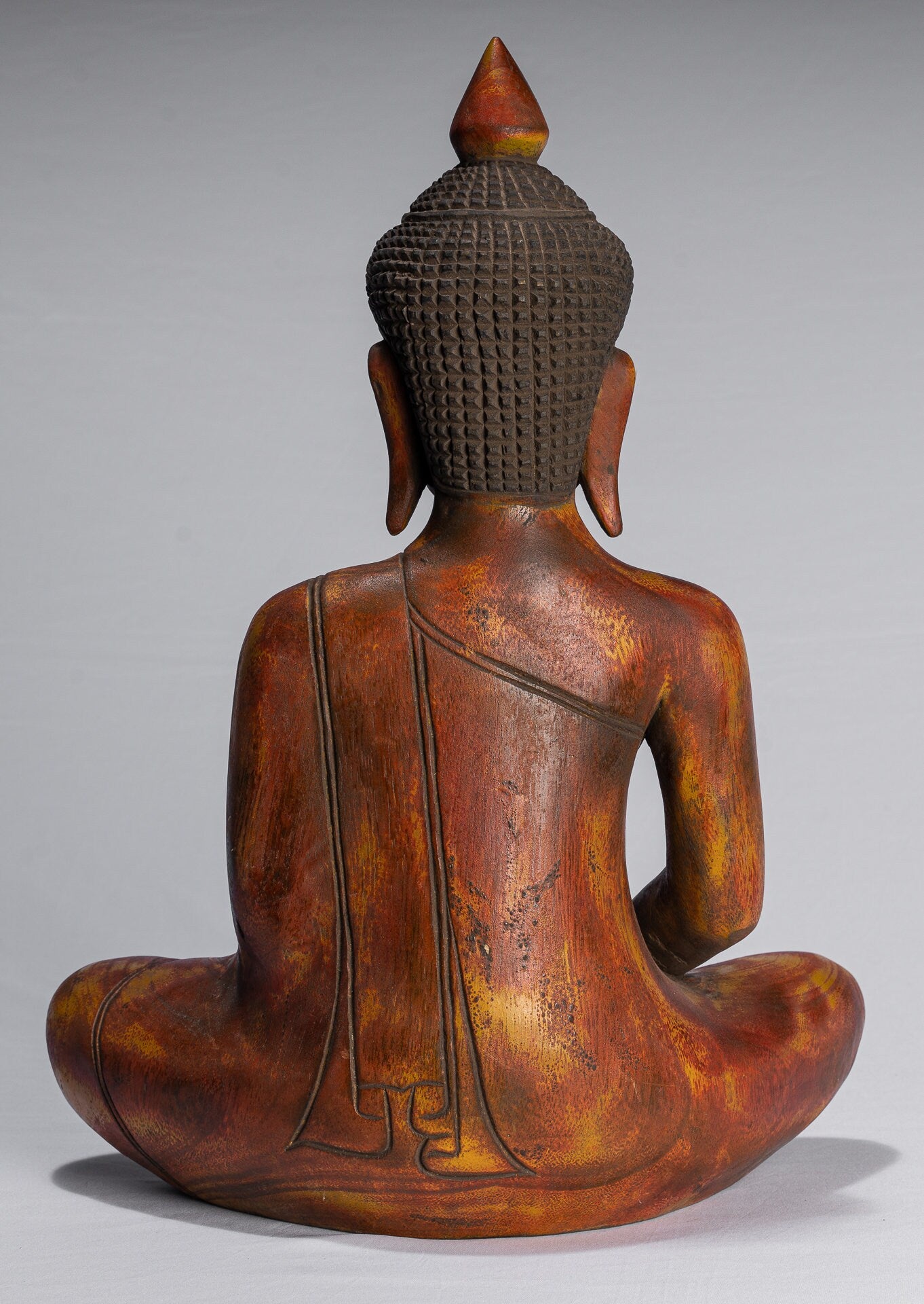 Buddha-Skulptur – sitzende Buddha-Statue aus Holz im antiken Khmer-Stil, Dhyana-Meditations-Mudra – 46 cm.