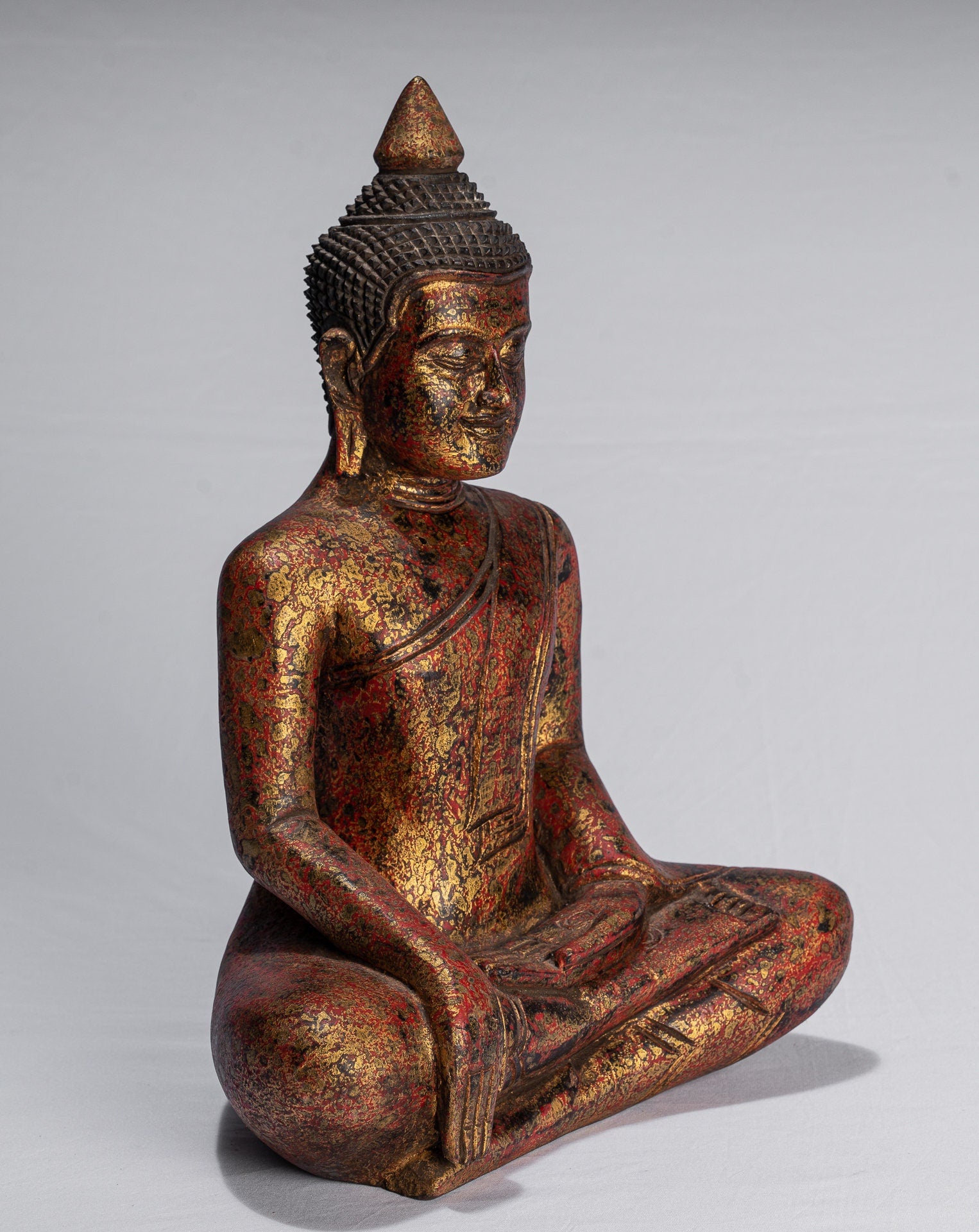 Buddha Statue-Antique Khmer Style SE Asia Seated Wood Enlightenment Buddha Statue-39cm/16 "