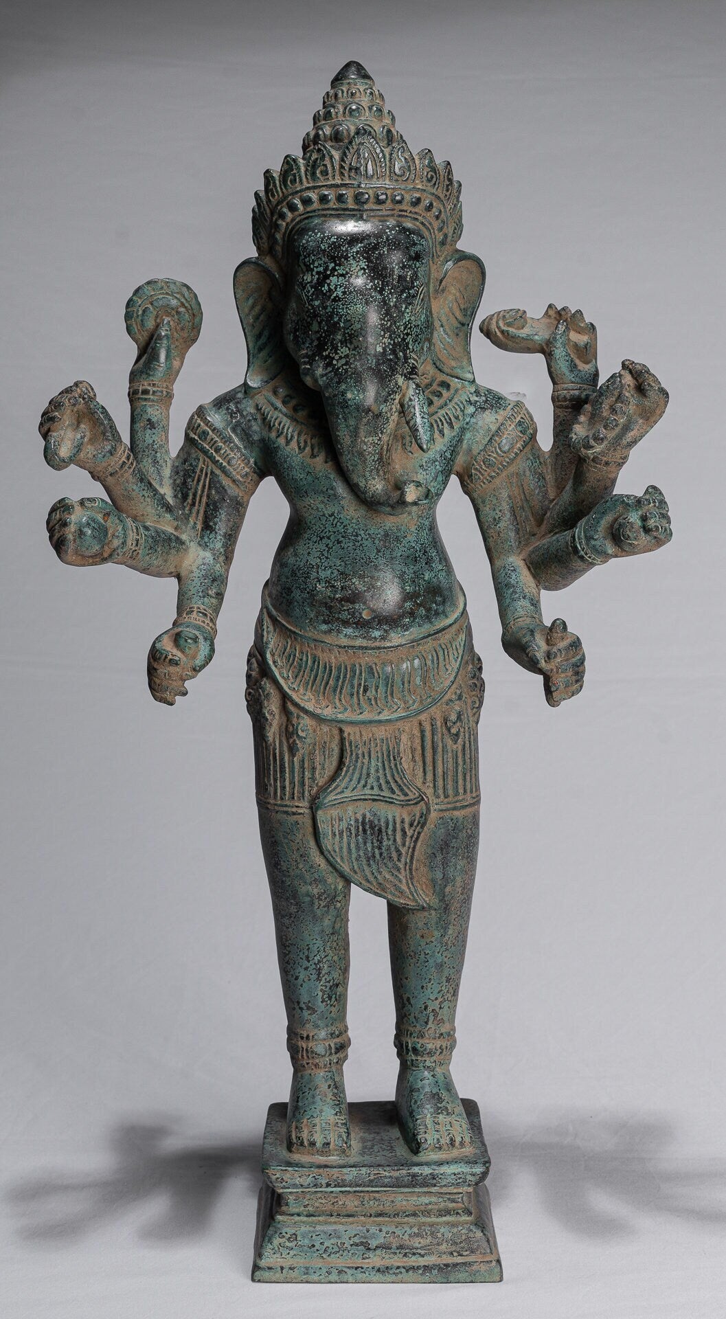 Ganesha Statue - Antique Khmer Style Mounted Standing Bronze Angkor Wat Ganesha Statue - 55cm/22"