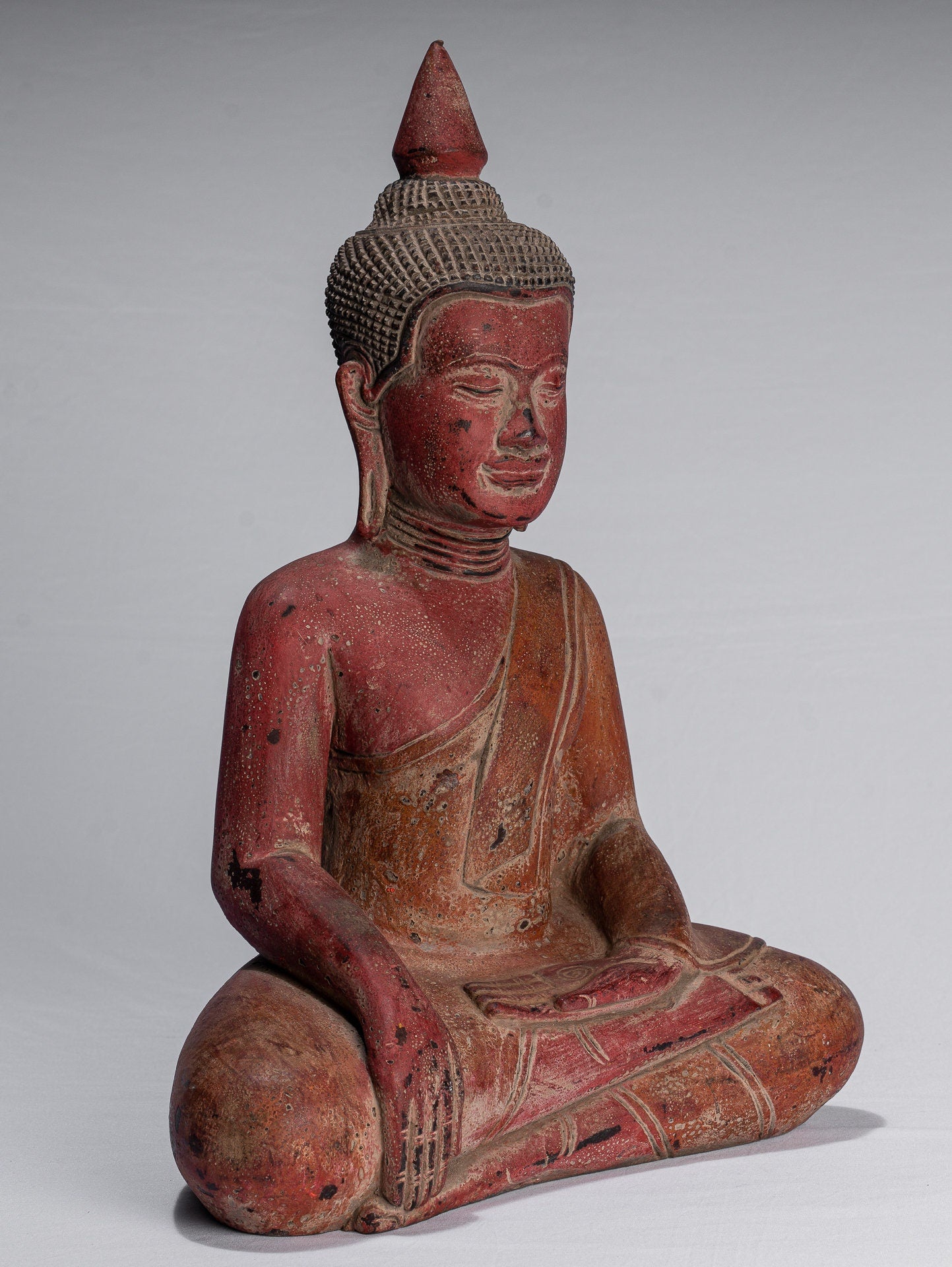 Buddha Statue - Antique Khmer Style SE Asia Seated Wood Enlightenment Buddha Statue - 46cm/18"
