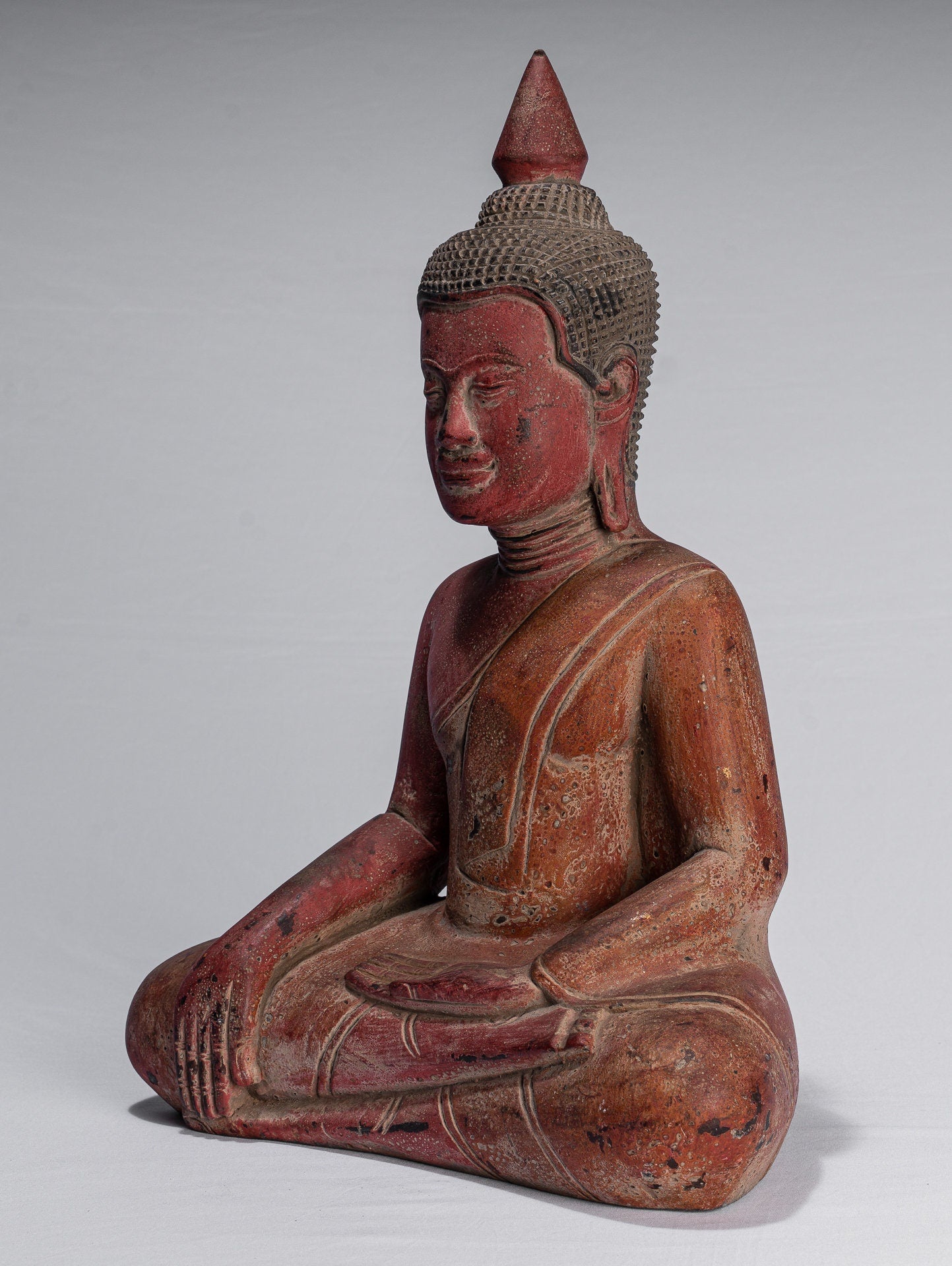 Buddha Statue - Antique Khmer Style SE Asia Seated Wood Enlightenment Buddha Statue - 46cm/18"