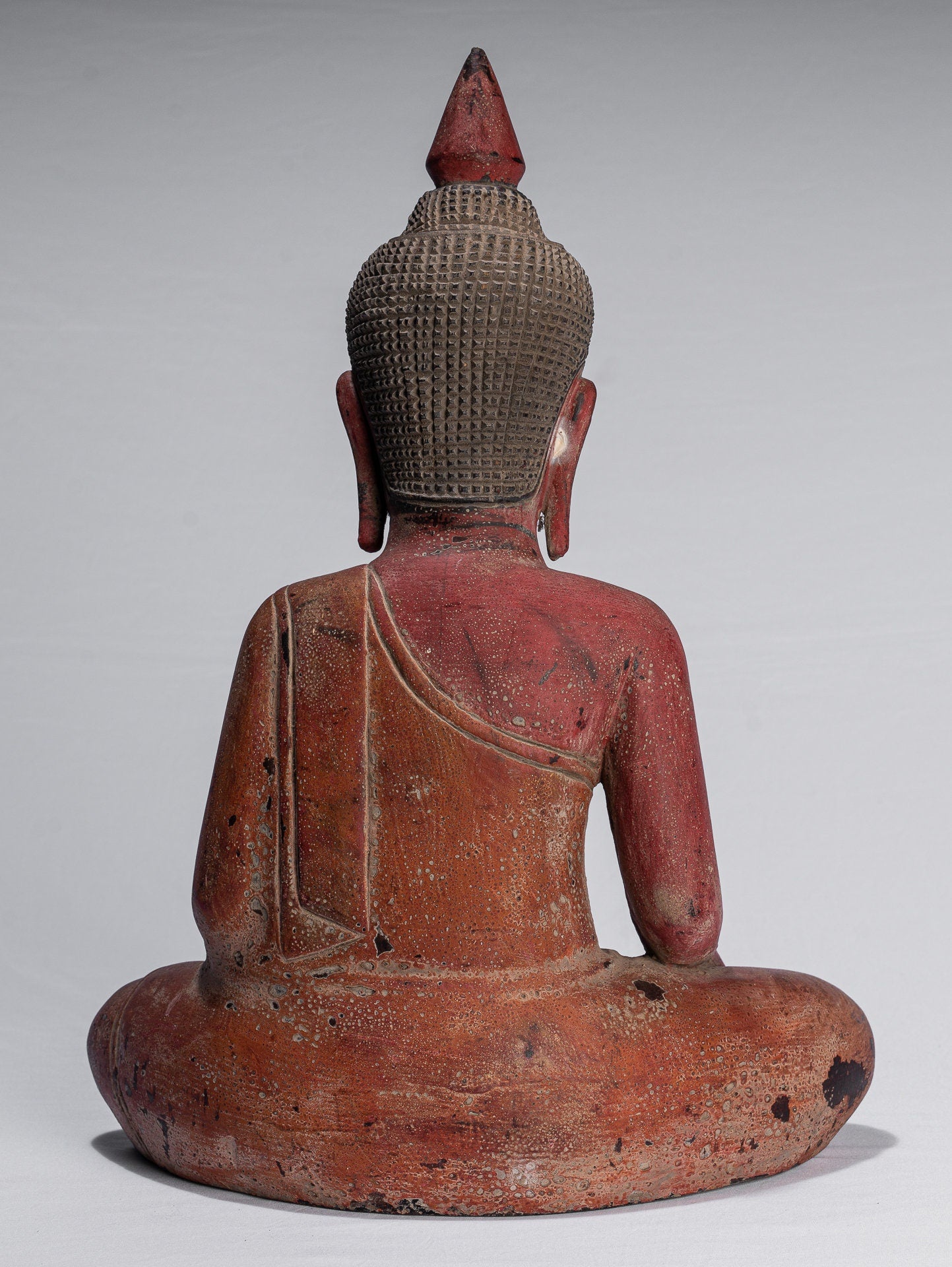 Buddha Statue - Antique Khmer Style SE Asia Seated Wood Enlightenment Buddha Statue - 46cm/18"