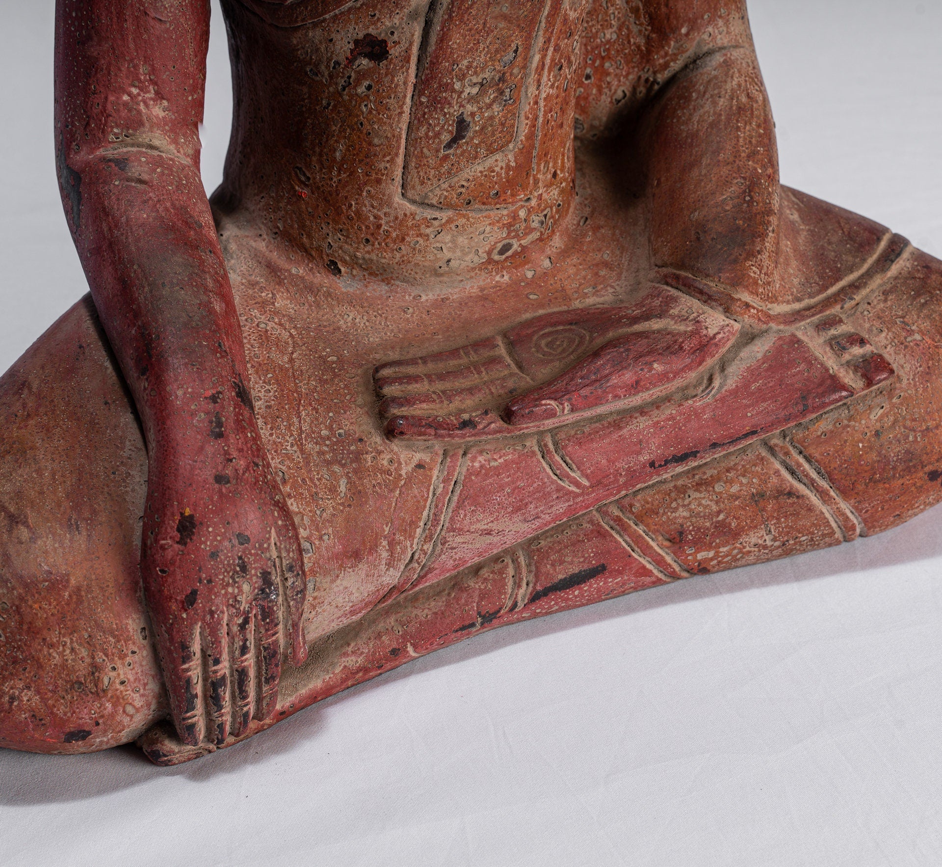 Buddha Statue - Antique Khmer Style SE Asia Seated Wood Enlightenment Buddha Statue - 46cm/18"