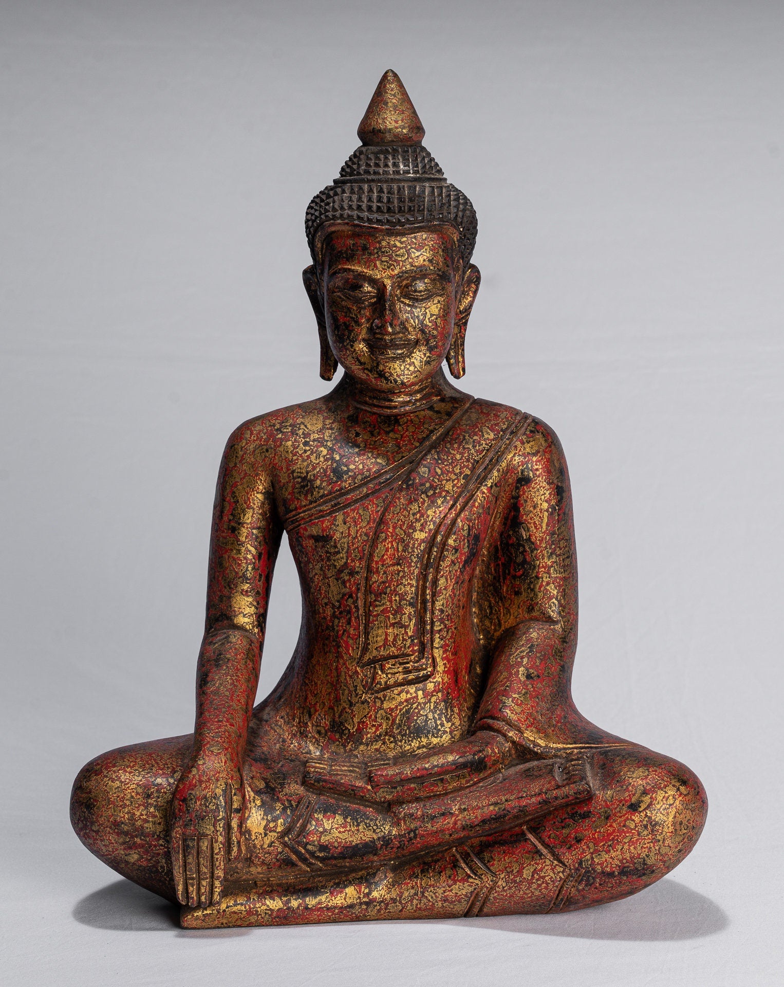 Buddha Statue-Antique Khmer Style SE Asia Seated Wood Enlightenment Buddha Statue-39cm/16 "