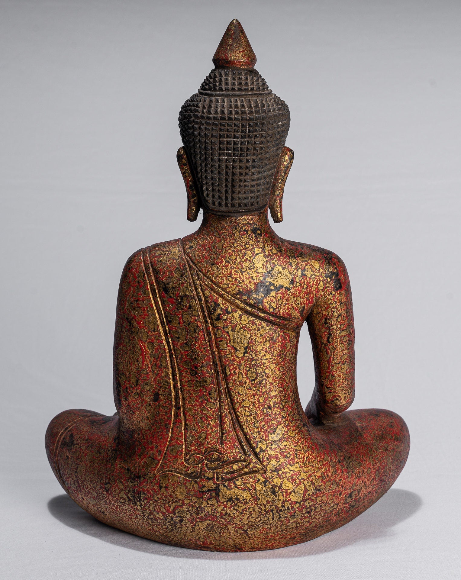 Buddha Statue-Antique Khmer Style SE Asia Seated Wood Enlightenment Buddha Statue-39cm/16 "