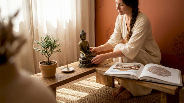 Woman placing Asian sculpture in home setting