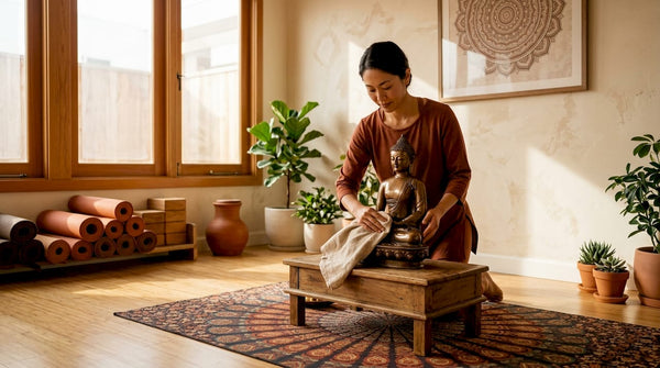 Yoga teacher adjusting Buddha statue in studio