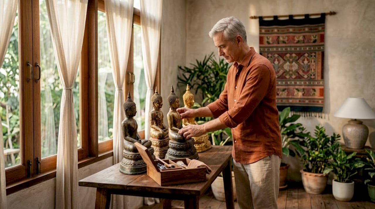 Collector arranging Thai Buddha statues in home studio