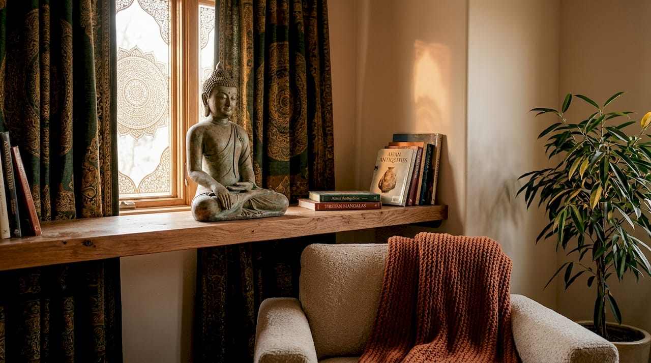 Statue de Bouddha placée sur une étagère dans le salon