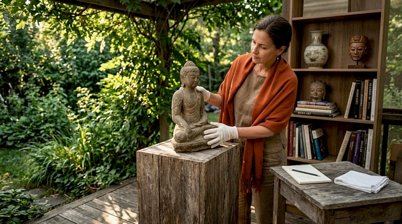 Femme stockant une sculpture bouddhiste en pierre antique à la maison