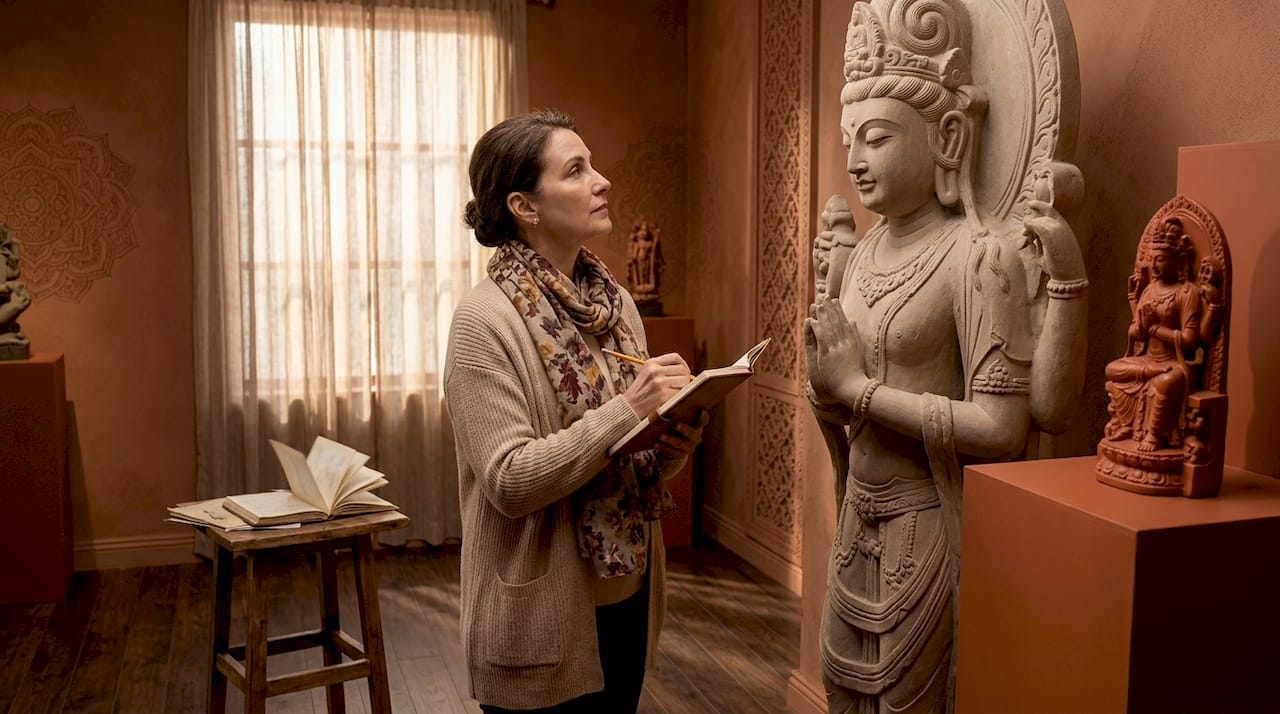 Historien de l'art étudiant la sculpture d'Avalokiteshvara dans un musée