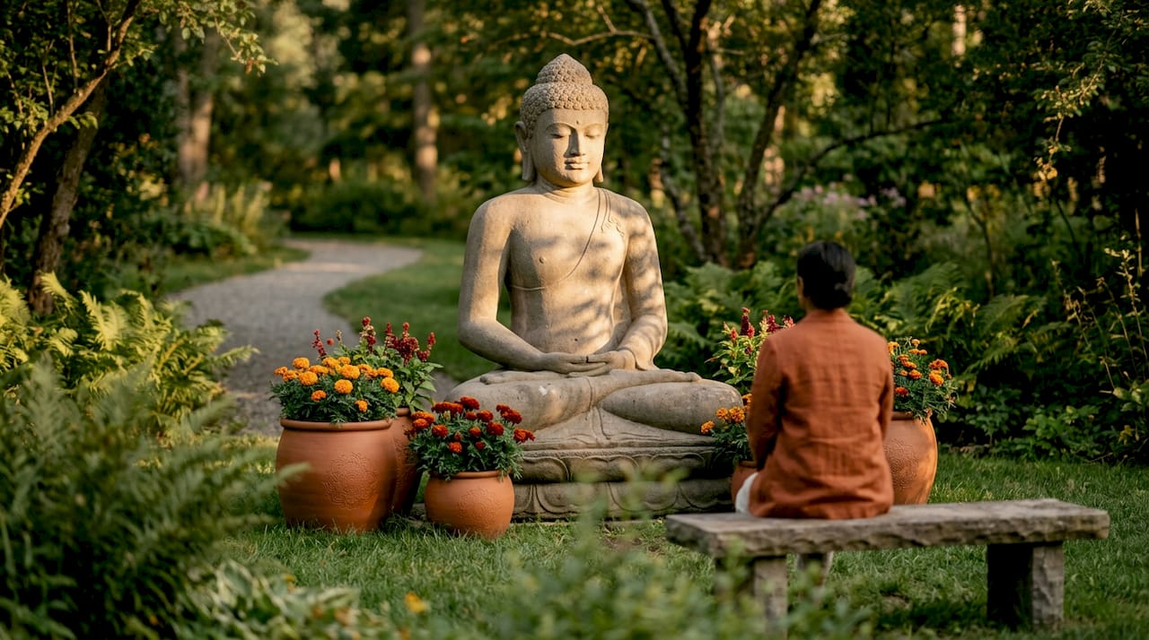 Stone Buddha statue in peaceful garden setting