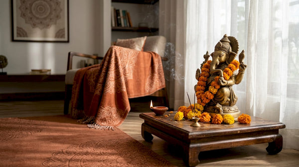 Traditional Ganesh statue on wooden altar with flowers
