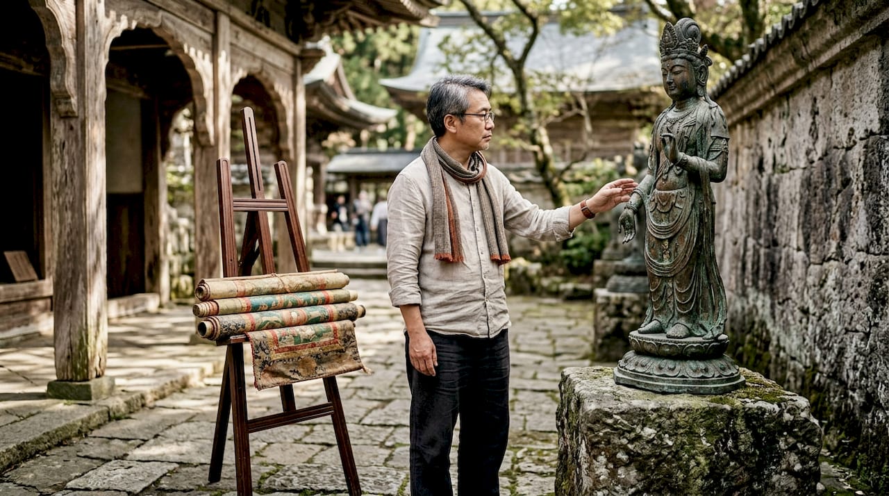 Art historian observing Mahayana bodhisattva statue