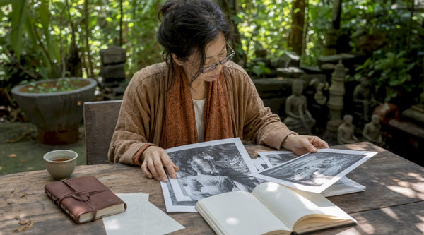 Scholar studying Sukhothai sculpture photographs