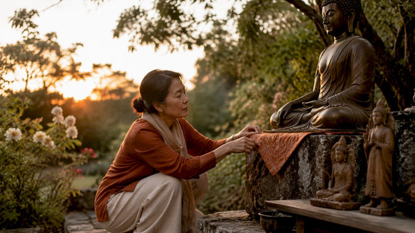 Woman respectfully displaying Buddha statue