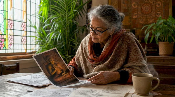 Historic art expert studying Buddha statue images