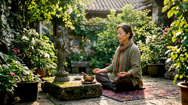 Woman meditating facing deity statue in traditional room