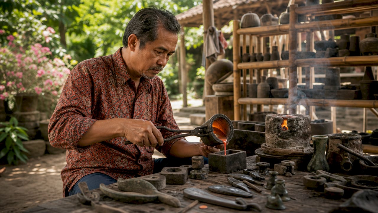 Metallurgist casting bronze in rustic workshop