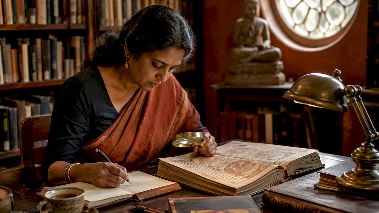 Scholar studying Sri Lankan Buddhist art manuscripts