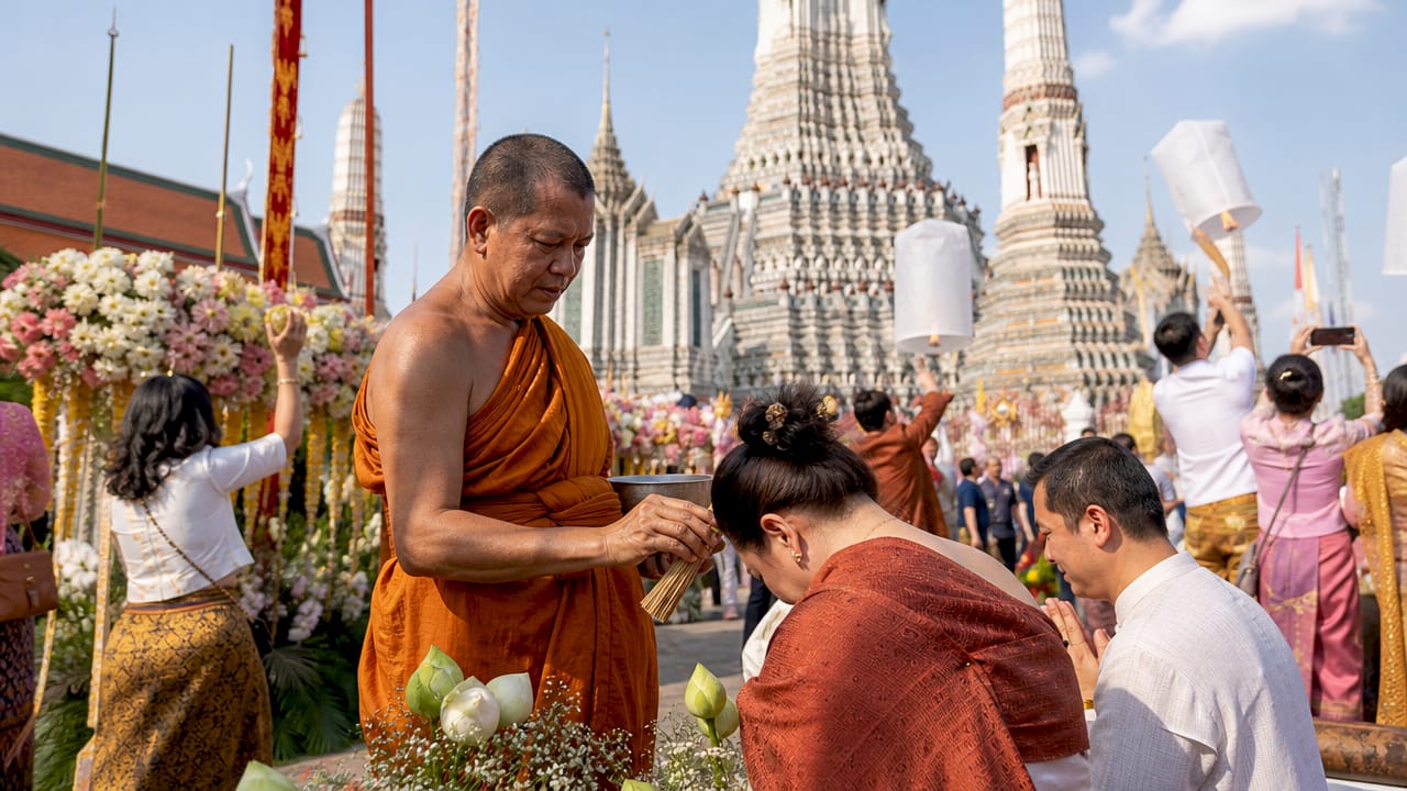 Thai monk blessing worshippers at temple ceremony