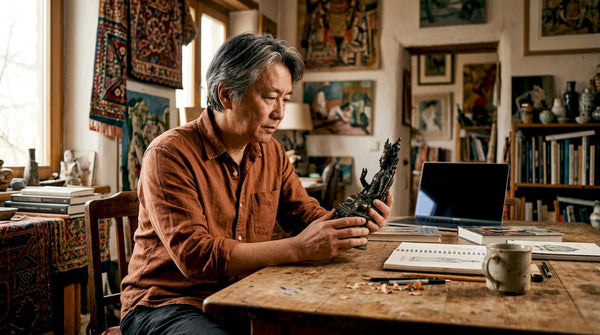 Art historian examining rare bodhisattva sculpture