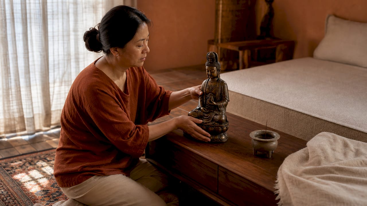 Femme organisant Guanyin en bronze dans le sanctuaire de la chambre