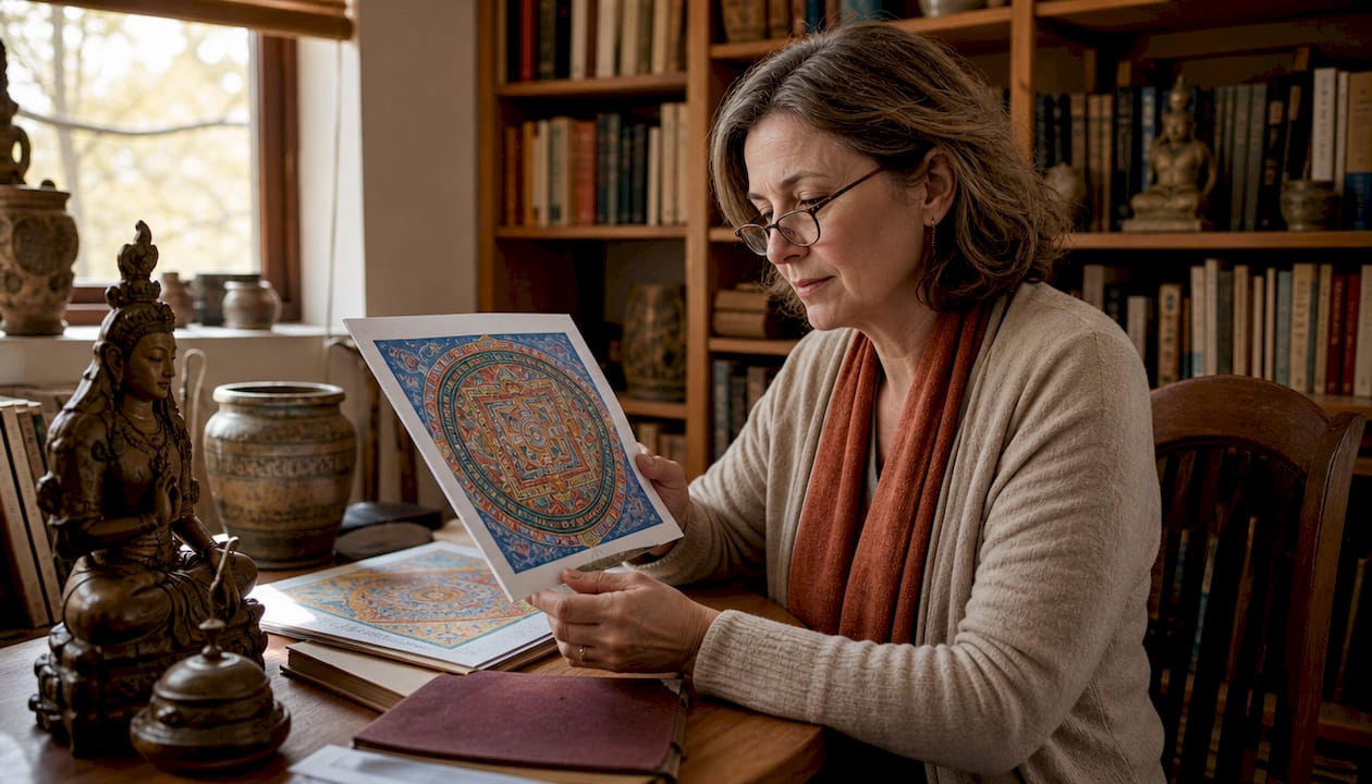 Historien de l'art étudiant des livres d'art religieux asiatiques