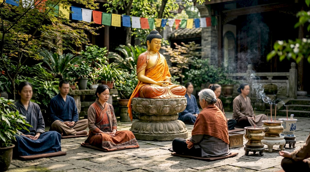 Golden Amitabha Buddha statue in temple worship