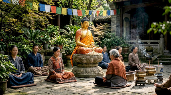 Golden Amitabha Buddha statue in temple worship