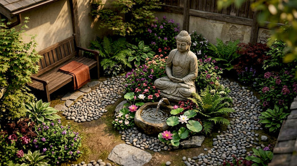 Stone Buddha statue with water feature in garden