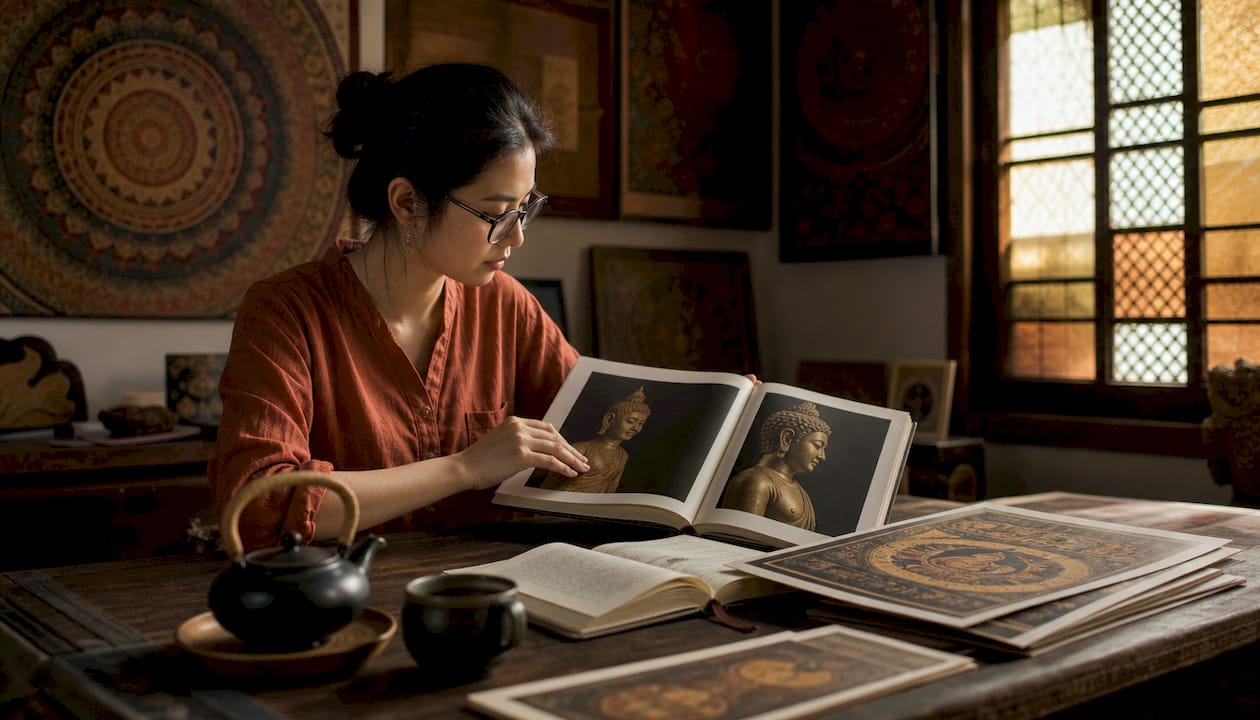 Scholar studying Buddha statues with ushnisha feature