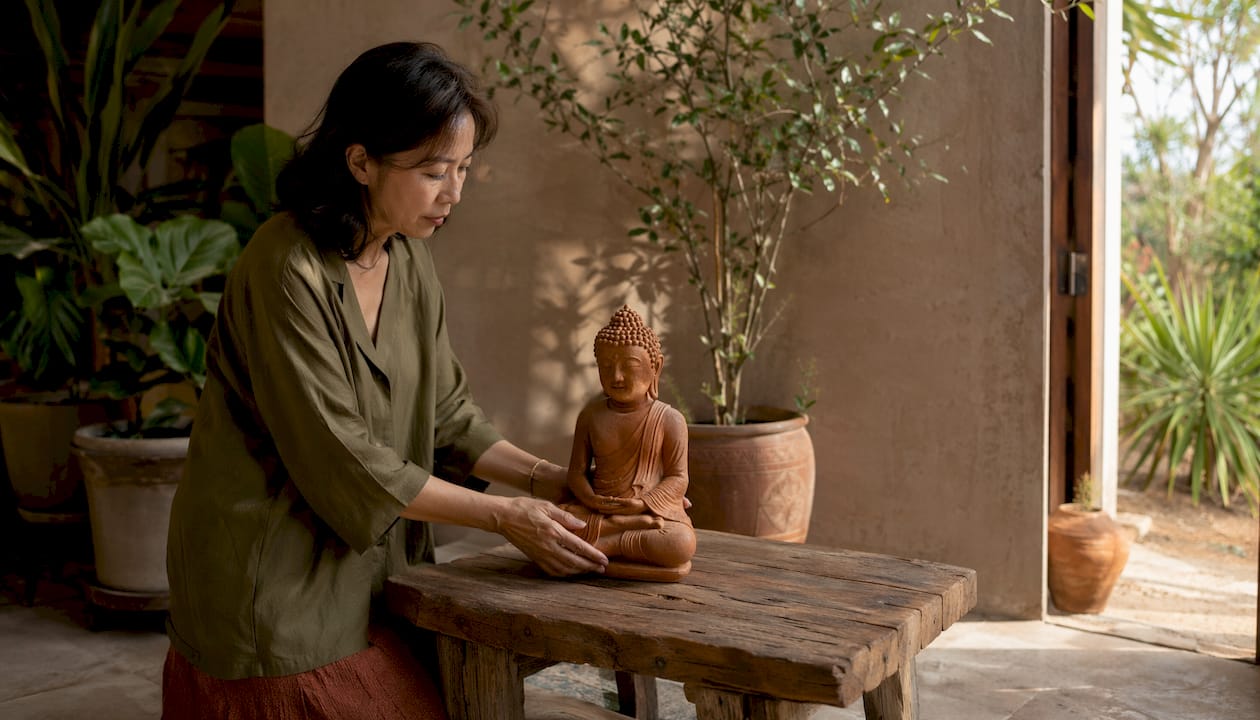 Woman placing terracotta Buddha sculpture in living room