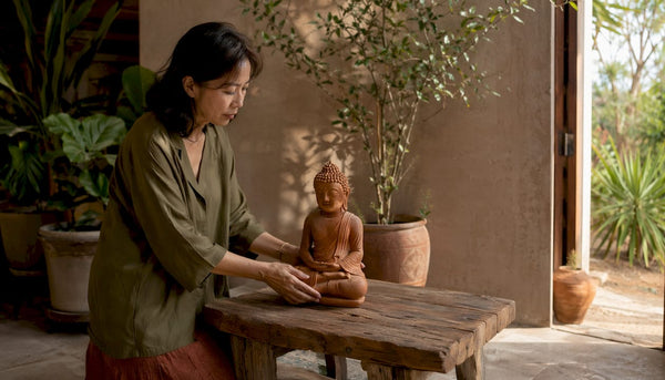 Woman placing terracotta Buddha sculpture in living room