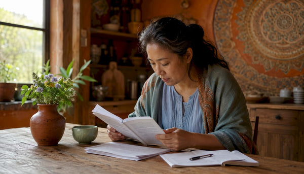 Woman studying Buddhist online forums at desk