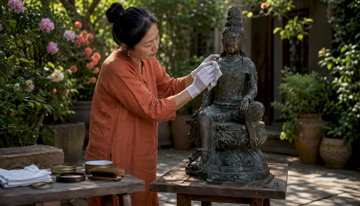 Woman polishing antique bronze statue gently