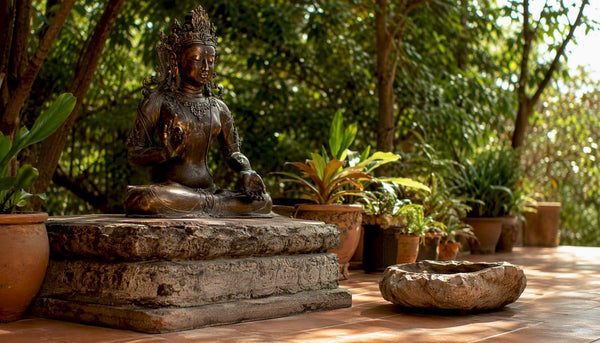 Modern living room with bronze Asian sculpture centerpiece