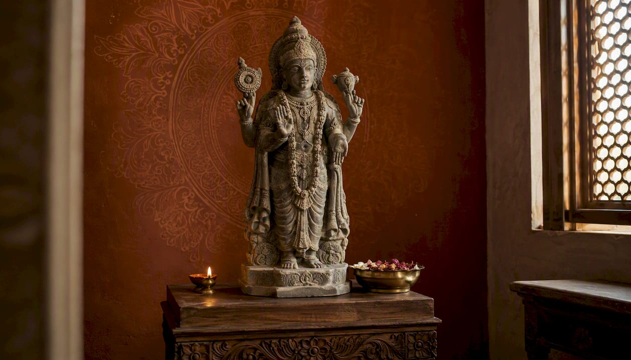 Antique bronze Hindu god statue on home altar