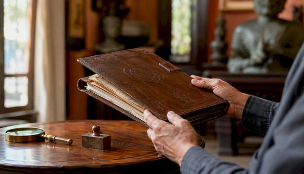 Hands inspecting provenance documents for Asian art