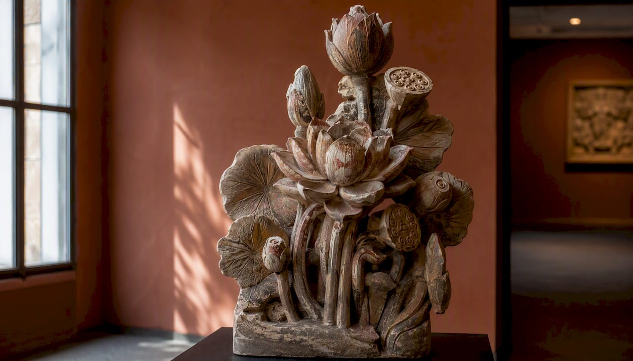 Detailed carved Indian lotus flower sculpture