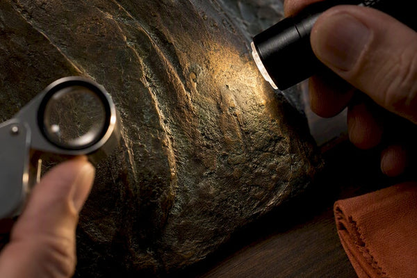 Raking light revealing layered bronze patina