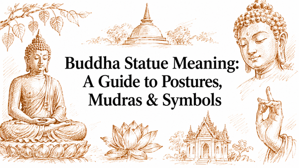 The image features intricate illustrations of Buddha statues in various postures and mudras, accompanied by symbolic elements like a stupa and lotus flowers, with the title "Buddha Statue Meaning: A Guide to Postures, Mudras & Symbols" prominently di