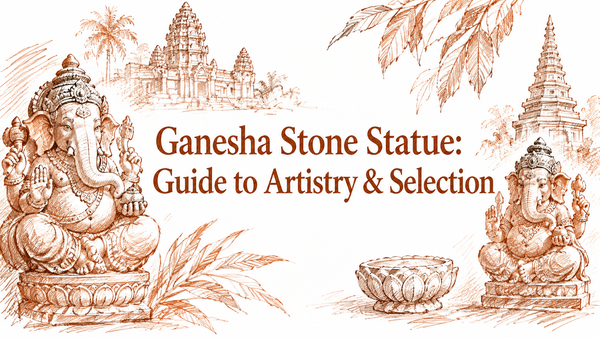A detailed illustration featuring two Ganesha stone statues, surrounded by decorative elements like leaves and a traditional bowl, with a backdrop of temple architecture, highlighting artistry and selection.